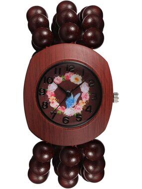 Women's Red Boho Wood Bead Wreath Dial Floral Quartz Elastic Band Casual Watch